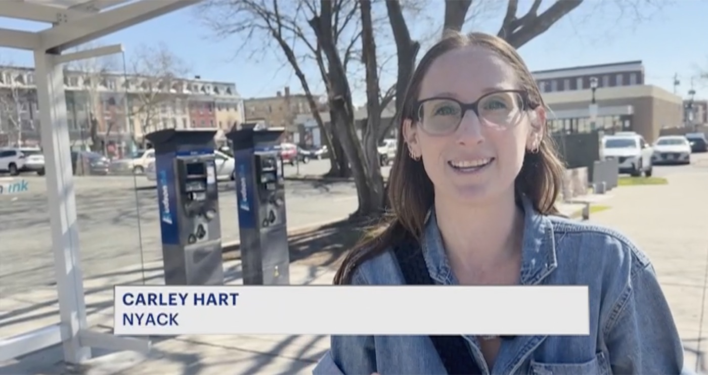 News 12 Hudson Valley broadcast showing Carley Hart at a Nyack Hudson Link stop with the chyron 'CARLEY HART / NYACK'